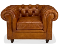 Fauteuil chesterfield cuir marron clair accoudoirs cloutés