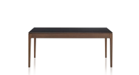 Extendable oak and ceramic table for 6 to 10 people with ceramic extensions with dark brown stained wood and plain black ceramic top and extensions 140x90 cm