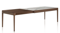 Table extensible 6 à 10 personnes en chêne et céramique allonges bois avec bois teinte marron foncé et plateau céramique effet marbre blanc 140x90 cm