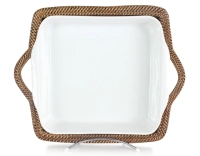 Plato de porcelana cuadrado con soporte de flor de ratán modelo mediano