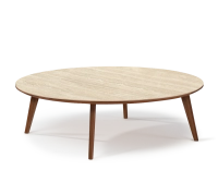 Round walnut and ceramic F1 coffee table natural wood finish with ceramic top in travertine stone effect. 90x90x30 cm