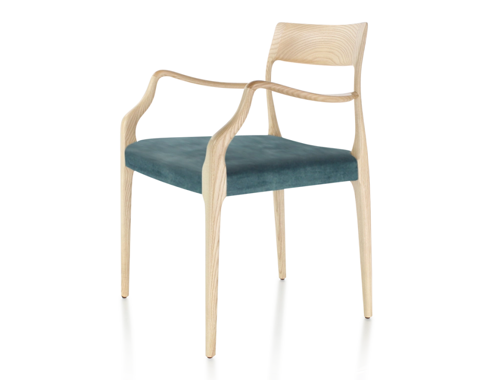 Chaise scandinave avec accoudoirs bois teinte naturelle assise tissu velours bleu pétrole