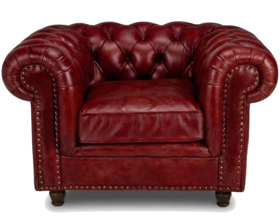 Fauteuil Chesterfield cuir rouge carmin accoudoirs cloutés