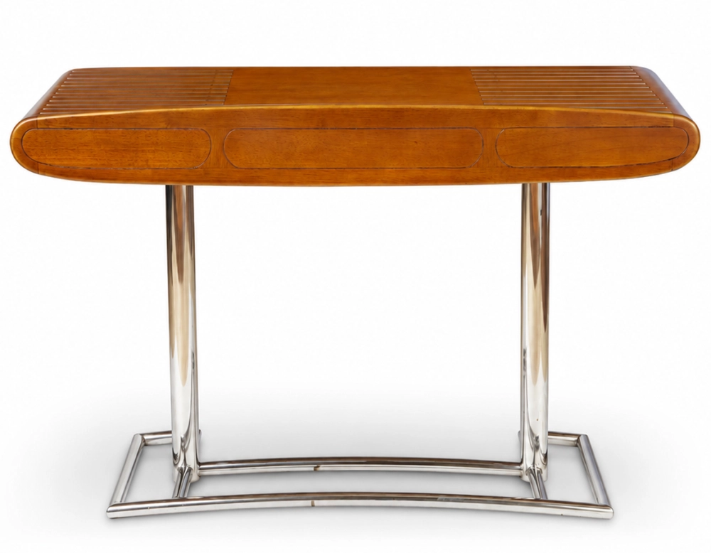 Bureau art déco 3 tiroirs métal et bois teinte merisier