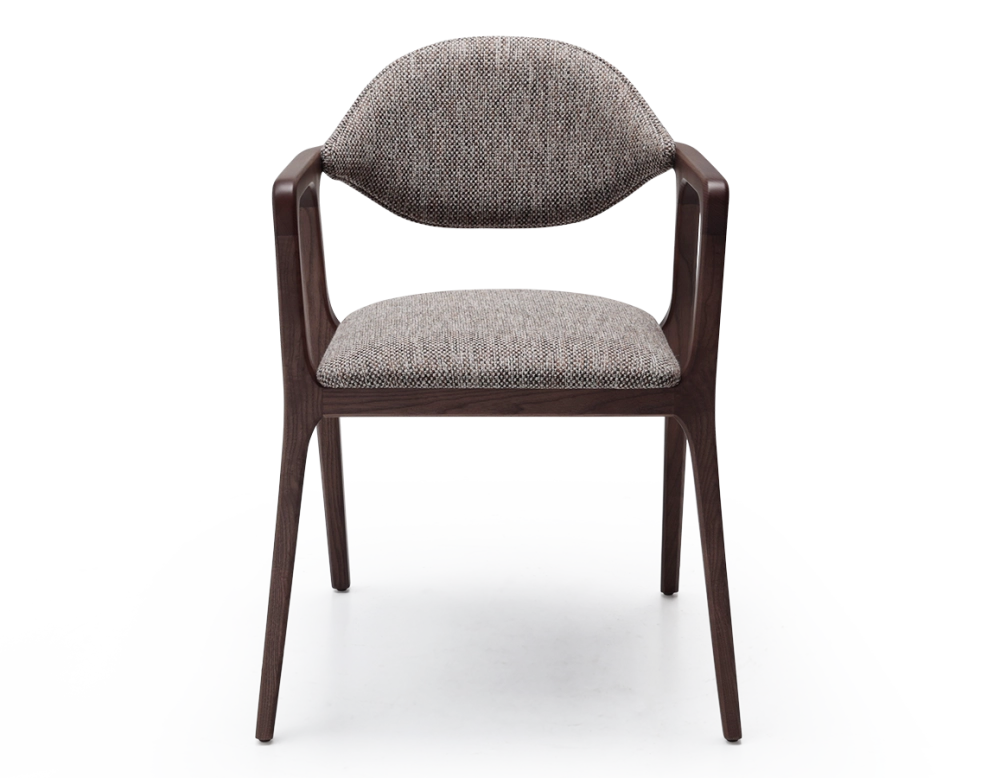 Chaise design avec accoudoirs bois teinte foncée et tissu chiné marron