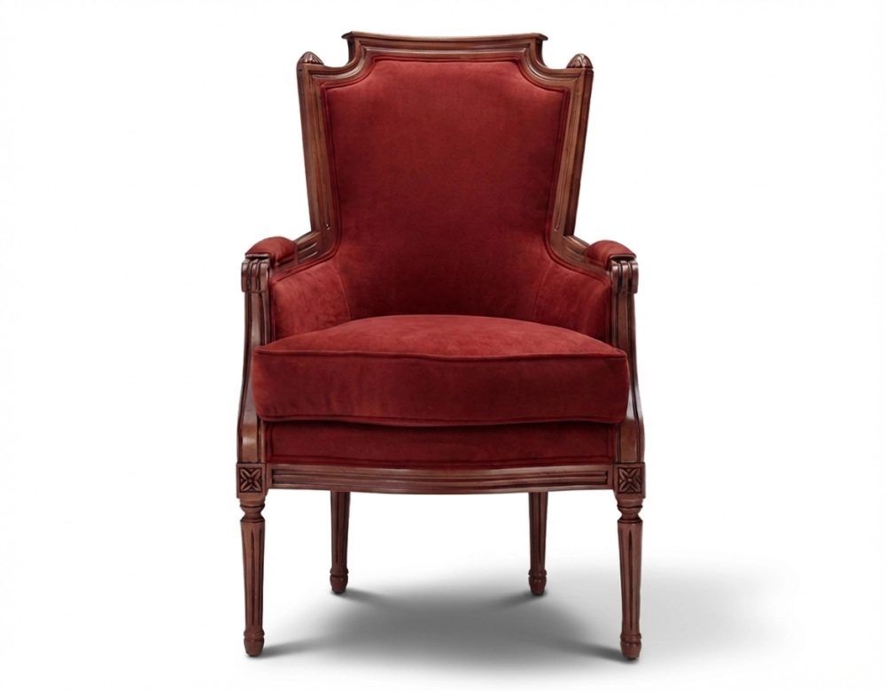 Louis XVI style bergère armchair bois teinte ancienne et tissu bordeaux