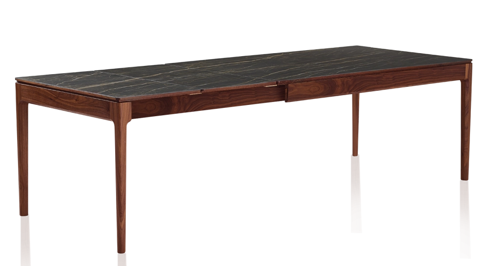 Table extensible 8 à 12 personnes en noyer et céramique allonges céramique avec bois teinte naturelle et plateau et allonges céramique effet marbre noir 180x100 cm