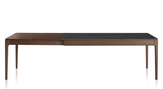 Table extensible 8 à 12 personnes en chêne et céramique allonges bois avec bois teinte marron foncé et plateau céramique effet marbre noir 210x100 cm