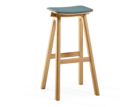 Tabouret de bar en chêne tapissé H80 cm bois teinte naturelle assise tissu bleu océan