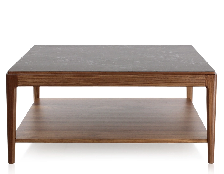 Table basse carrée en noyer et céramique avec tablette en bois teinte naturelle plateau céramique effet ardoise 100x100 cm