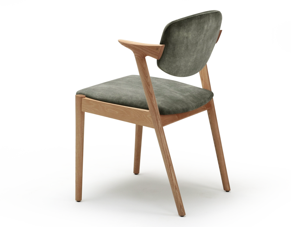 Scandinavian chair wood with a natural finish, velvet fabric seat in forest green.