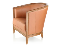 Fauteuil ancien accoudoirs moulurés bois teinte ancienne et cuir caramel