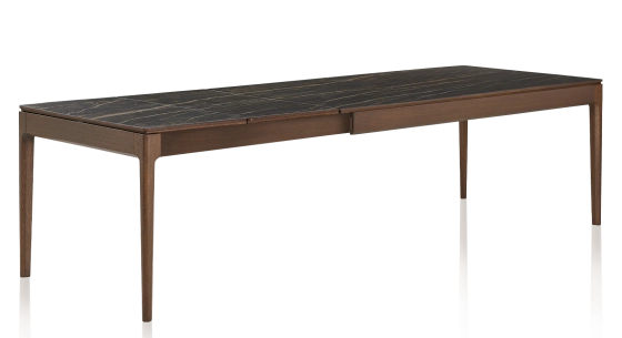 Table extensible en chêne et céramique 6 à 10 personnes allonges céramique avec bois teinte marron foncé et plateau et allonges céramique effet marbre noir 140x90 cm