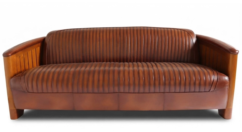 Canapé club bois et cuir 3 places marron vintage