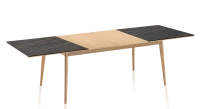 Table extensible 6 à 8 personnes en chêne et céramique allonges bois avec bois teinte naturelle et plateau céramique effet marbre noir 160x100 cm