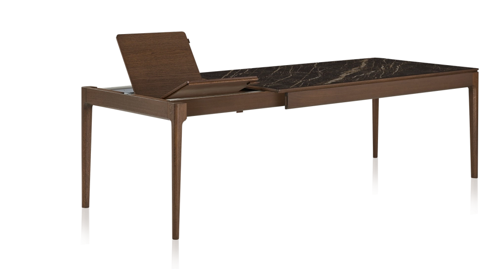 Table extensible 6 à 10 personnes en chêne et céramique allonges bois avec bois teinte marron foncé et plateau céramique effet marbre noir 140x90 cm