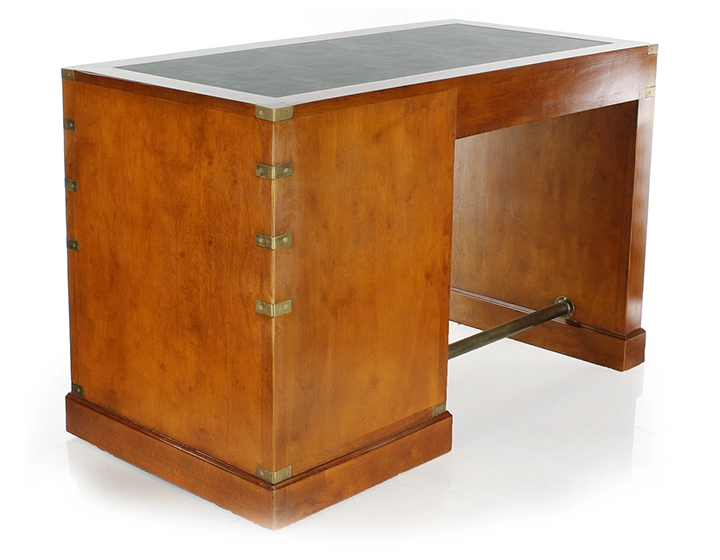 Bureau marine 5 tiroirs bois teinte merisier et cuir vert