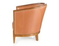 Fauteuil ancien accoudoirs moulurés bois teinte ancienne et cuir caramel