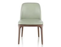 Silla de diseño madera tintada marrón oscuro y piel verde salvia