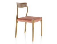 Chaise scandinave bois teinte merisier assise tissu velours rose pâle