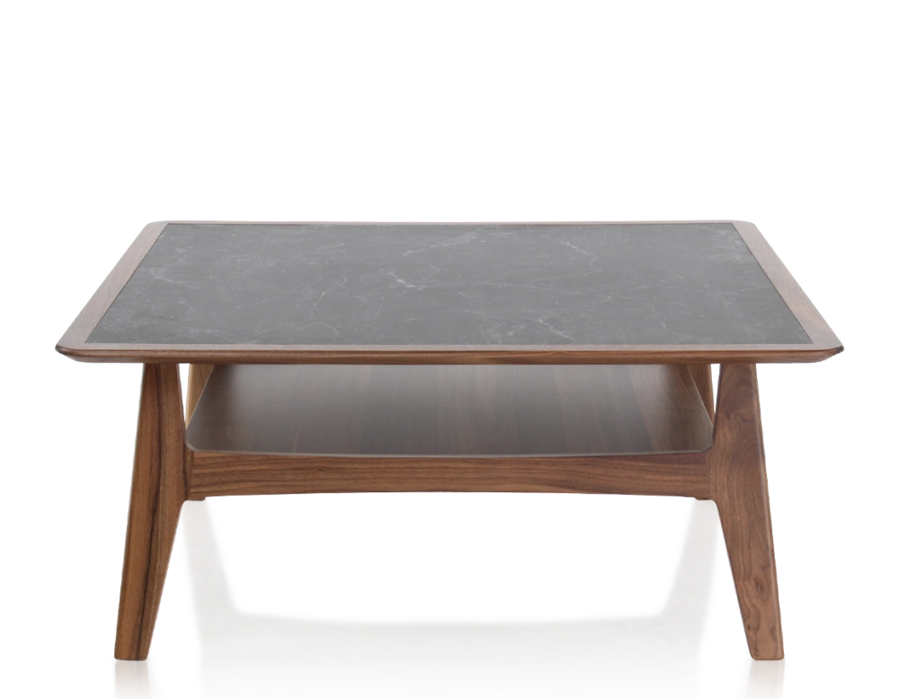 Table basse carré en noyer et céramique bois teinte naturelle plateau céramique effet ardoise 100x100 cm