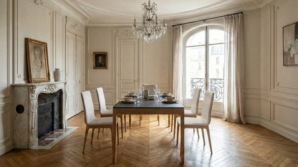 Table salle à manger en chêne et céramique 6 personnes avec bois teinte naturelle et plateau céramique noir unie 160x100 cm