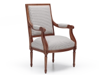 Fauteuil ancien style Louis XVI bois teinte ancienne et tissu pied de poule blanc et taupe