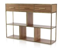 Console design natural tint walnut and brass patina metal