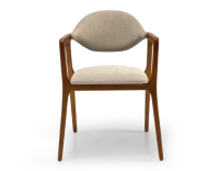 Chaise design avec accoudoirs bois teinte merisier et tissu taupe