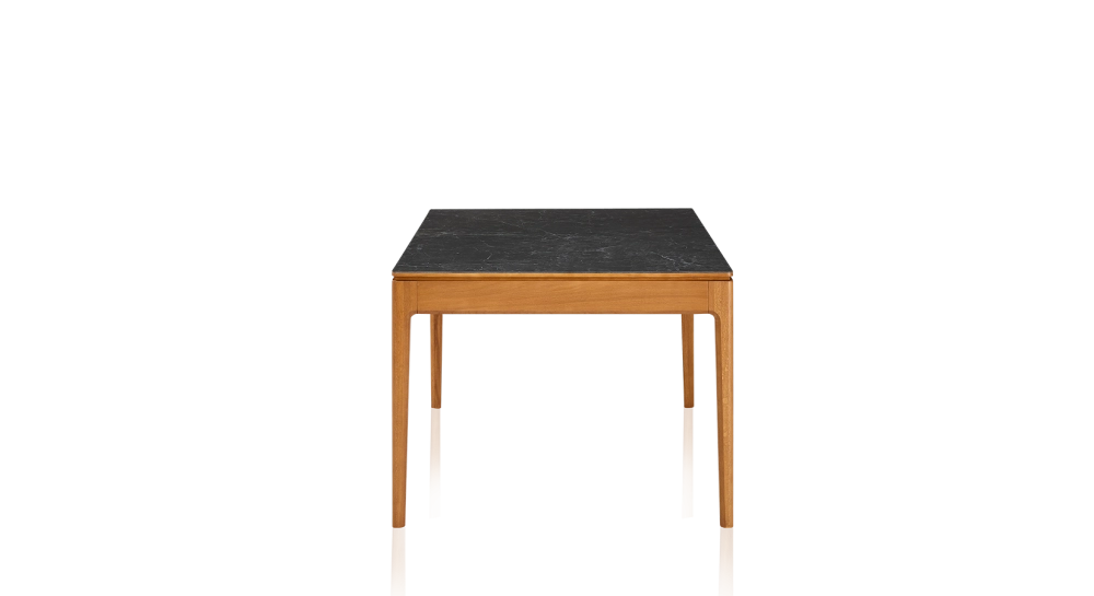 Extendable table for 6 to 10 people in oak and ceramic with wooden extensions with cherry-tinted wood and slate-effect ceramic top 140x90 cm