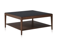 Table basse carrée en chêne et céramique avec tablette en bois teinte marron foncé plateau céramique brun oxydé 100x100 cm