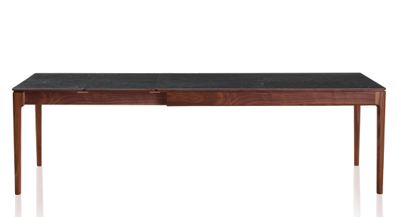 Table extensible 8 à 12 personnes en noyer et céramique allonges céramique avec bois teinte naturelle et plateau et allonges céramique effet ardoise 210x100 cm