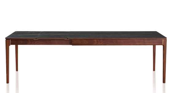 Table extensible 8 à 12 personnes en noyer et céramique allonges céramique avec bois teinte naturelle et plateau et allonges céramique effet marbre noir 180x100 cm