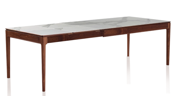Table extensible 8 à 12 personnes en noyer et céramique allonges céramique avec bois teinte naturelle et plateau et allonges céramique effet marbre blanc 210x100 cm