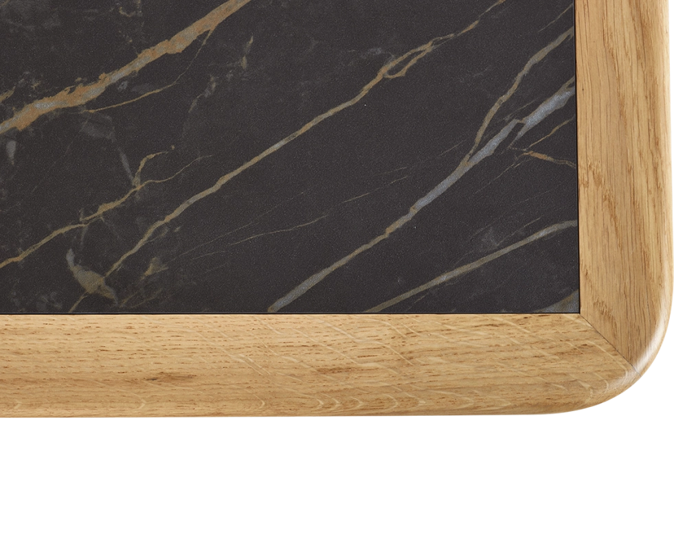 Table basse rectangulaire en chêne et céramique avec bois teinte naturelle plateau céramique effet marbre noir 100x50 cm