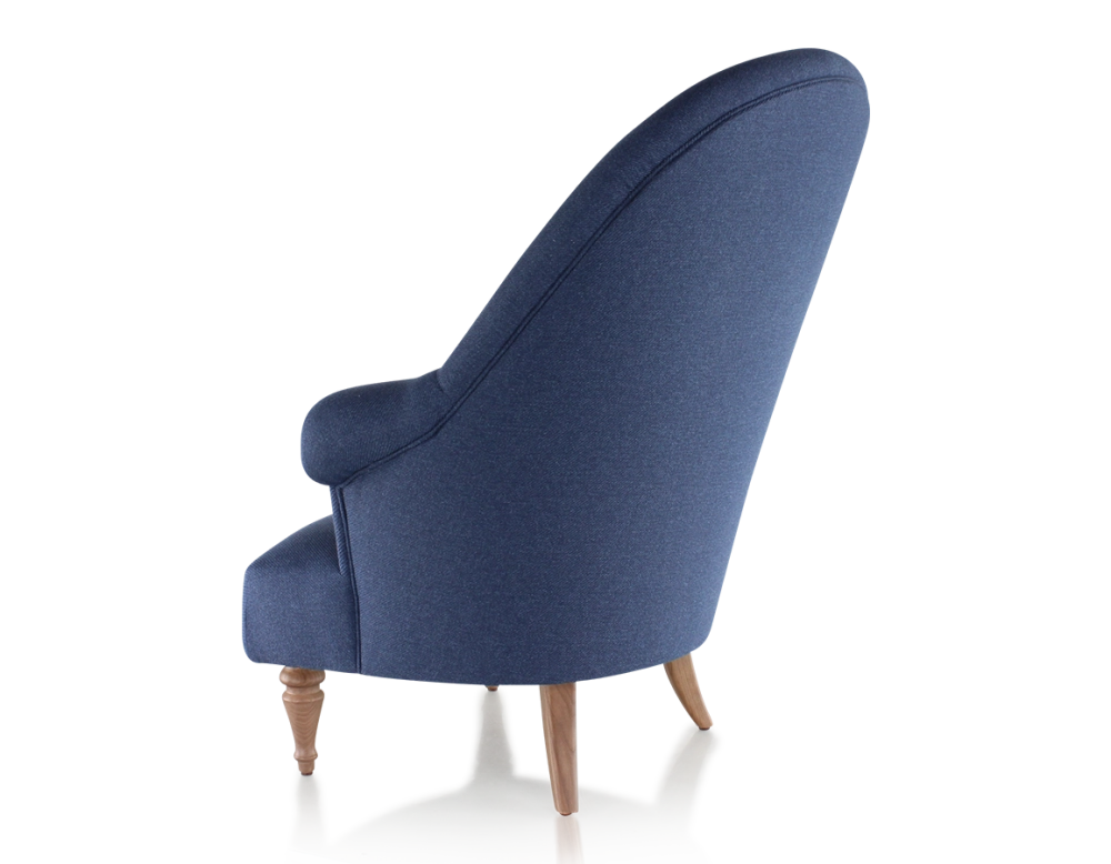 Fauteuil crapaud avec accoudoirs pieds bois teinte noyer et tissu bleu marine haut dossier