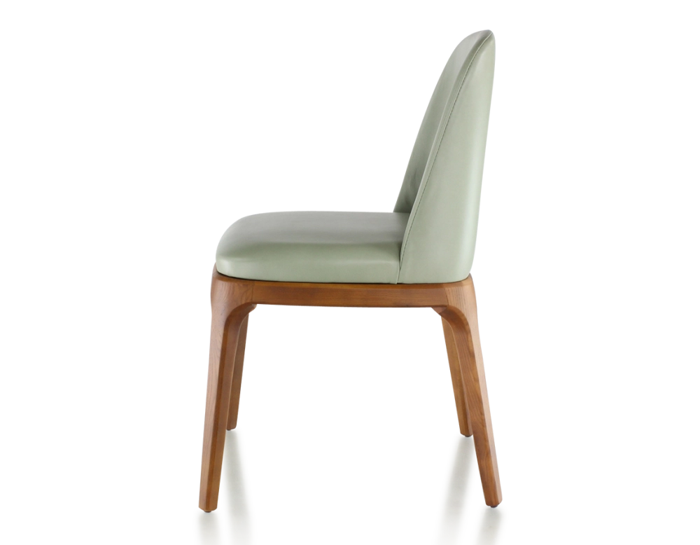 Chaise design bois teinte merisier et cuir cuir vert sauge