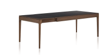 Extendable oak and ceramic table for 6 to 10 people with ceramic extensions with dark brown stained wood and plain black ceramic top and extensions 140x90 cm