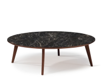Table basse ronde F1 en chêne et céramique bois teinte marron foncé plateau céramique effet marbre noir 90x90x40 cm