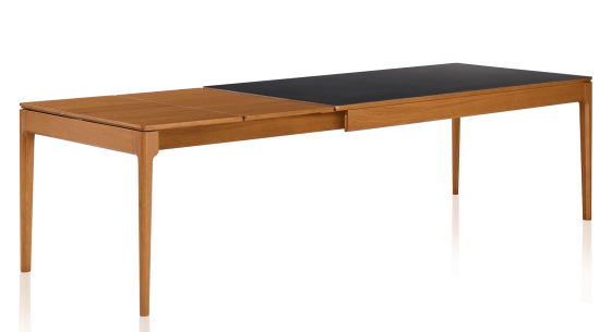 Table extensible 8 à 12 personnes en chêne et céramique allonges bois avec bois teinte merisier et plateau céramique noir unie 210x100 cm