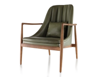 Fauteuil design bois teinte merisier et cuir vert kaki