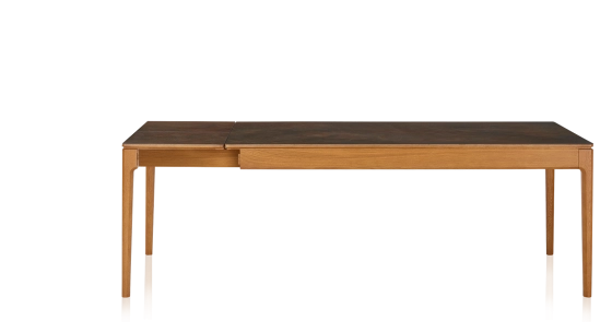 Table extensible en chêne et céramique 6 à 10 personnes allonges céramique avec bois teinte merisier et plateau et allonges céramique brun oxydé 140x90 cm