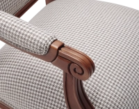 Fauteuil ancien style Louis XVI bois teinte ancienne et tissu pied de poule blanc et taupe