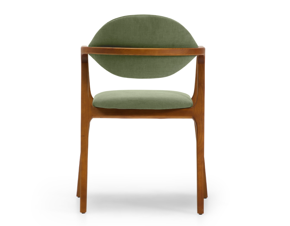 Chaise design avec accoudoirs bois teinte merisier et tissu vert
