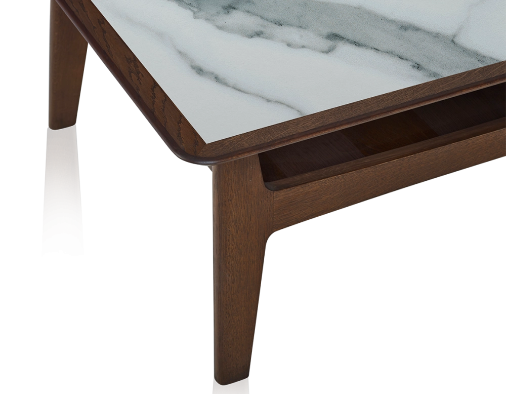 Square coffee table in oak and ceramic with dark brown stained wood white marble effect ceramic top 100x100 cm