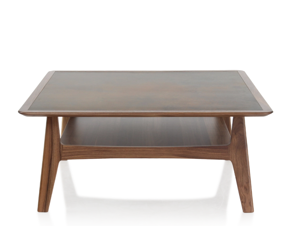 Table basse carré en noyer et céramique bois teinte naturelle plateau céramique brun oxydé 100x100 cm