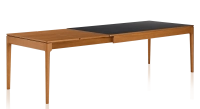 Extendable table for 8 to 14 people in oak and ceramic with wooden extensions with cherry-stained wood and plain black ceramic top 210x100 cm
