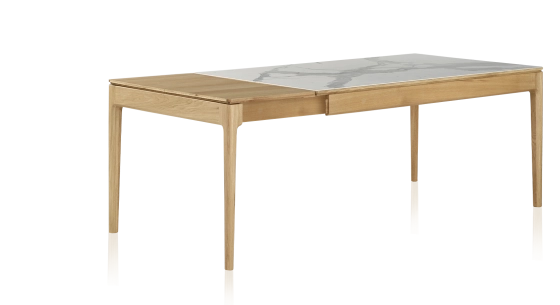 Table extensible 6 à 10 personnes en chêne et céramique allonges bois avec bois teinte naturelle et plateau céramique effet marbre blanc 160x100 cm