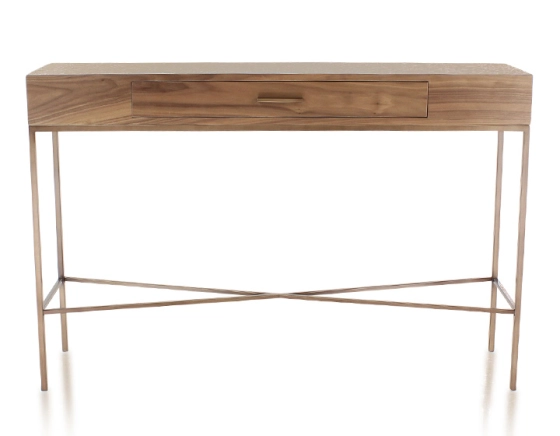 Console design noyer teinte naturelle et métal patine laiton 100 cm