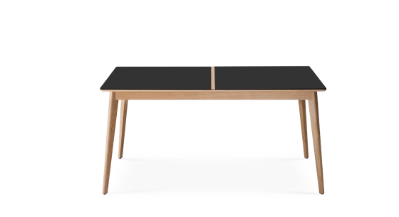 Table extensible 6 à 8 personnes en chêne et céramique allonges bois avec bois teinte naturelle et plateau céramique noir unie 160x100 cm